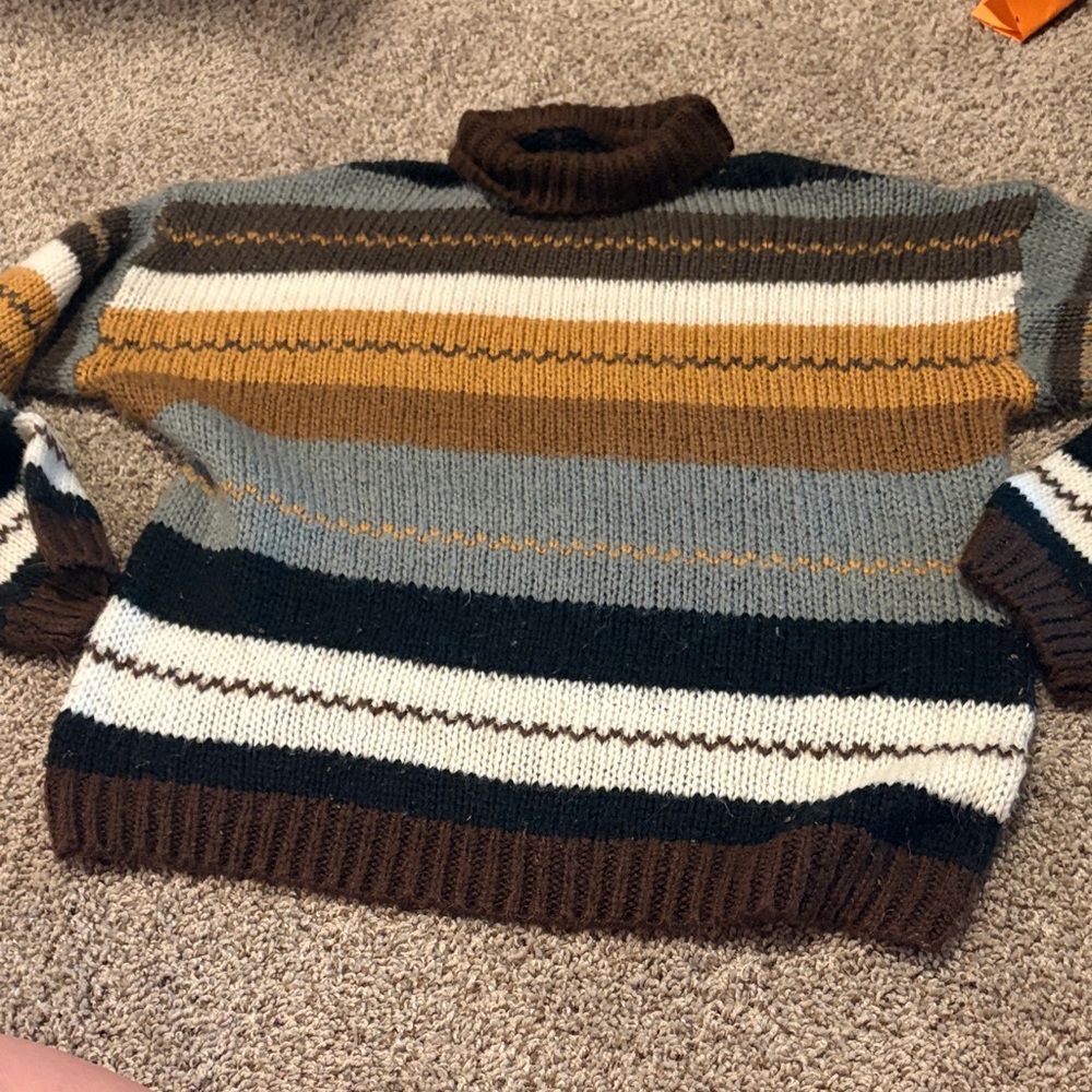 Women's Striped Turtleneck Sweater in Brown, Gray & White